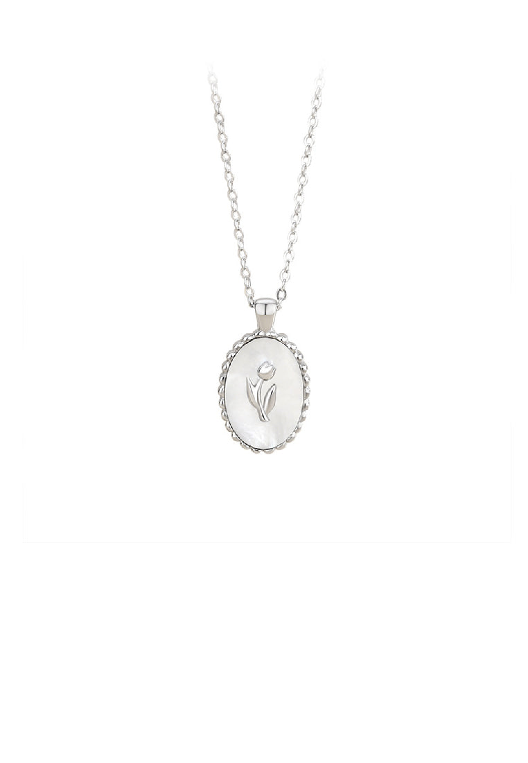 925 Sterling Silver Fashion Elegant Tulip Geometric Oval Mother-of-pearl Pendant with Necklace