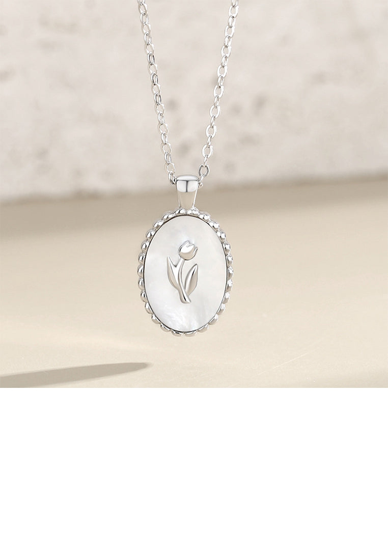 925 Sterling Silver Fashion Elegant Tulip Geometric Oval Mother-of-pearl Pendant with Necklace
