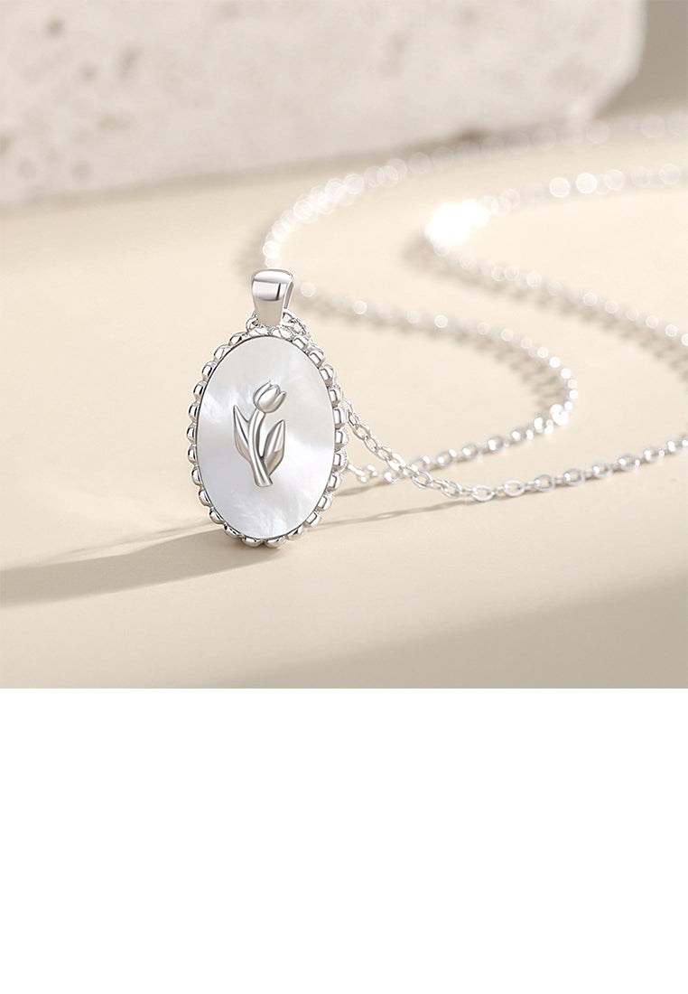 925 Sterling Silver Fashion Elegant Tulip Geometric Oval Mother-of-pearl Pendant with Necklace