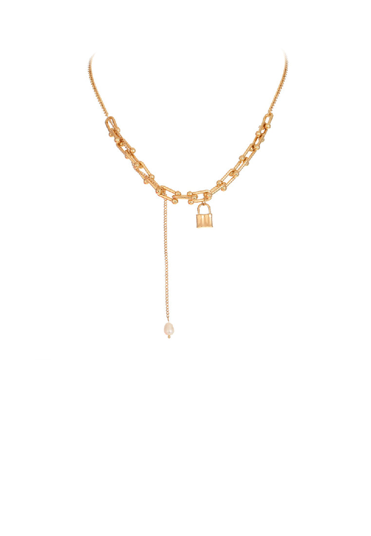 Simple Personality Plated Gold U-Shaped Geometric Chain Lock Necklace with Tassel Imitation Pearls