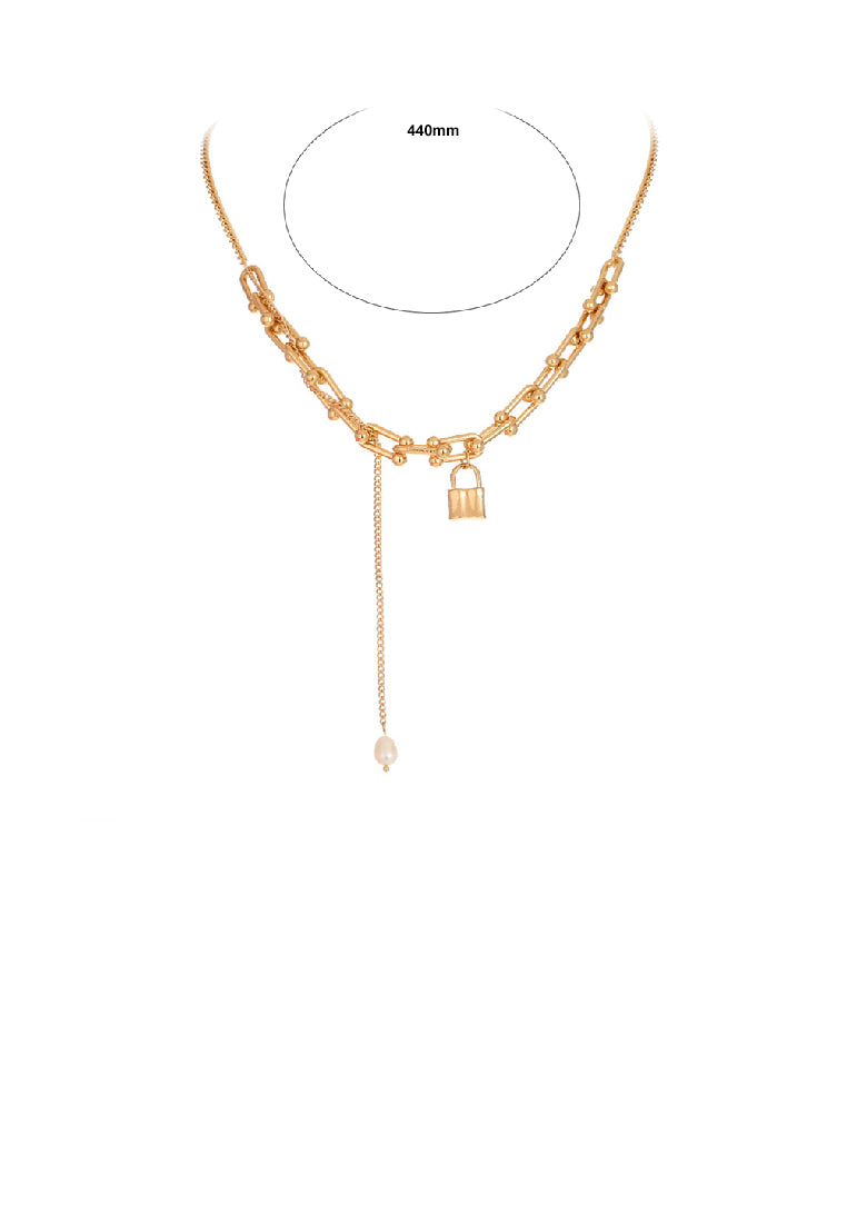 Simple Personality Plated Gold U-Shaped Geometric Chain Lock Necklace with Tassel Imitation Pearls