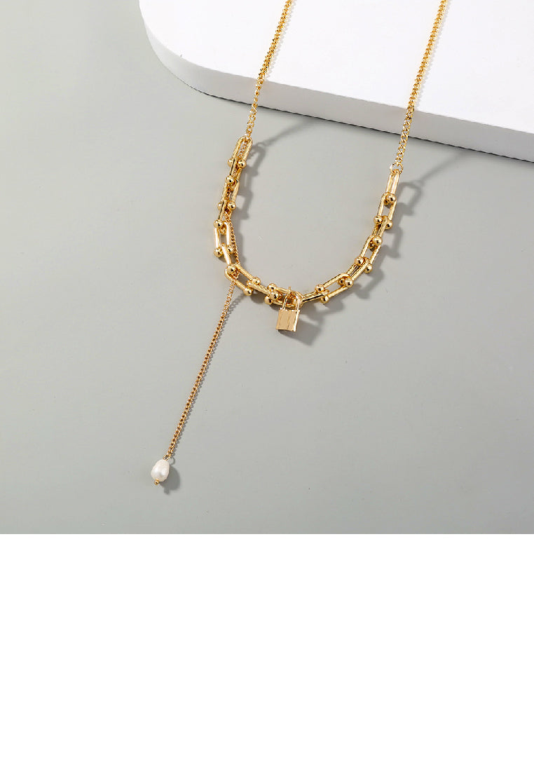 Simple Personality Plated Gold U-Shaped Geometric Chain Lock Necklace with Tassel Imitation Pearls