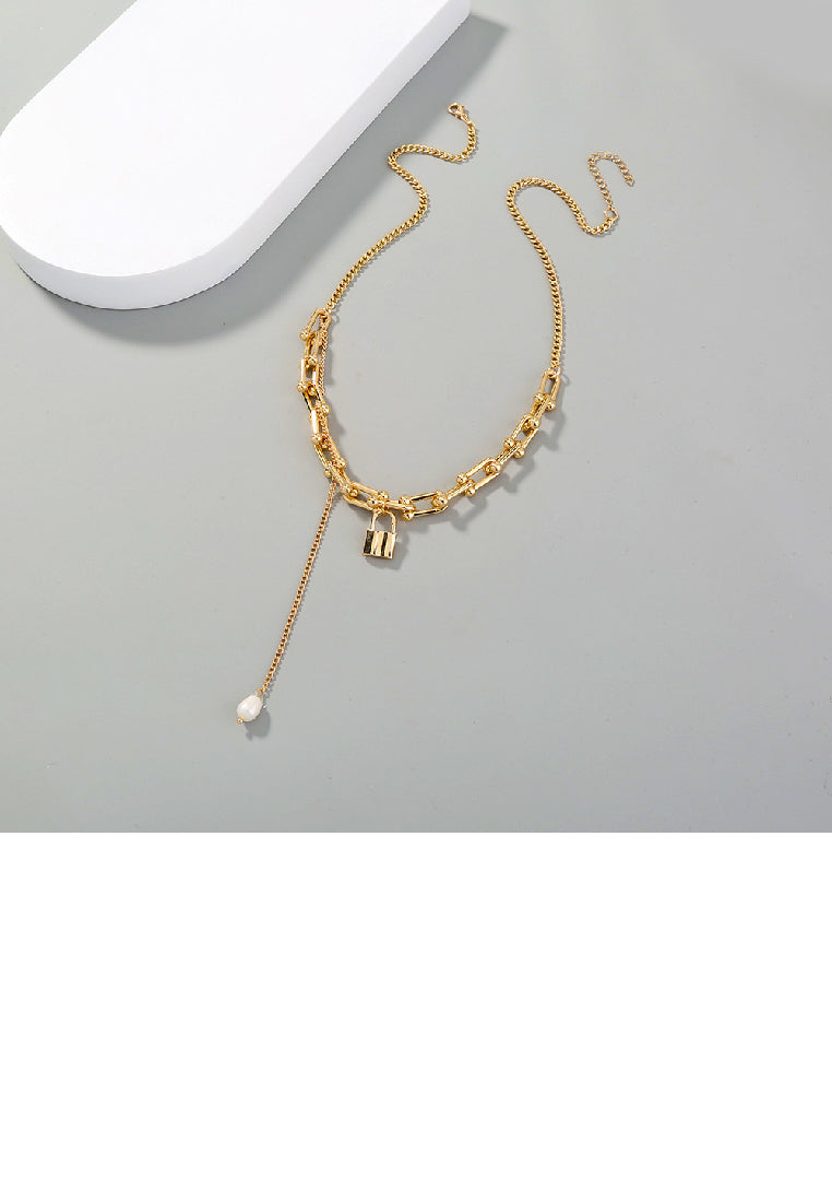 Simple Personality Plated Gold U-Shaped Geometric Chain Lock Necklace with Tassel Imitation Pearls