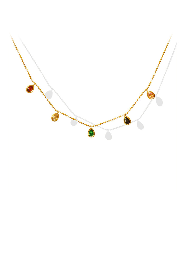 Fashion Simple Plated Gold Water Drop Colored Cubic Zirconia 316L Stainless Steel Necklace - Luxurious Look
