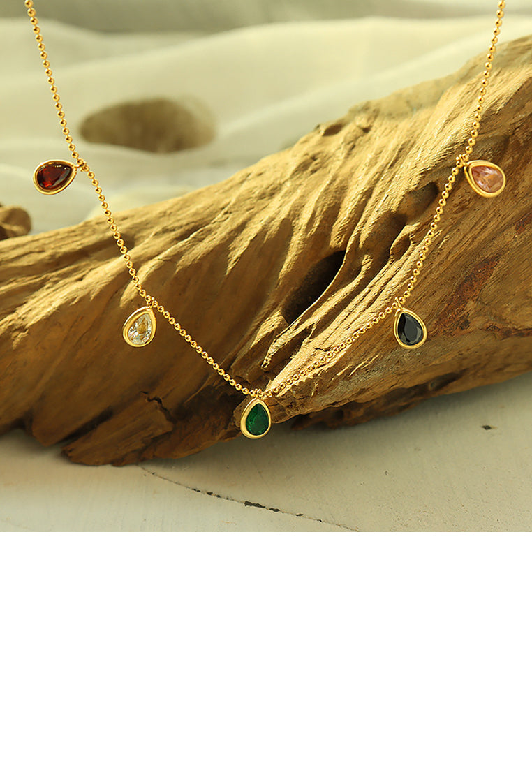 Fashion Simple Plated Gold Water Drop Colored Cubic Zirconia 316L Stainless Steel Necklace - Luxurious Look