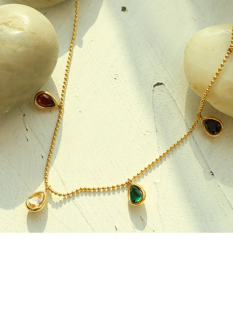 Fashion Simple Plated Gold Water Drop Colored Cubic Zirconia 316L Stainless Steel Necklace - Luxurious Look