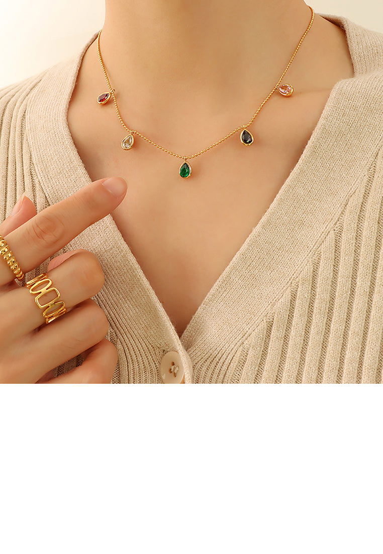 Fashion Simple Plated Gold Water Drop Colored Cubic Zirconia 316L Stainless Steel Necklace - Luxurious Look