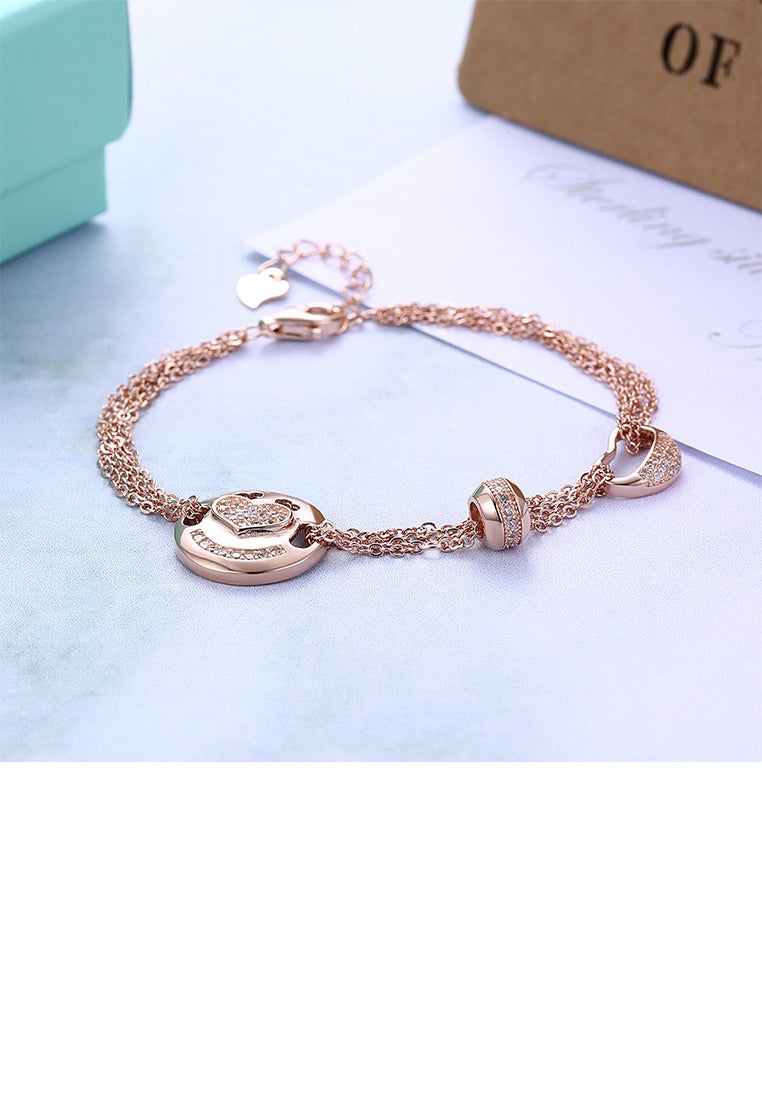 925 Sterling Silver Plated Rose Gold Fashion Heart Circle Bracelet with Cubic Zircon