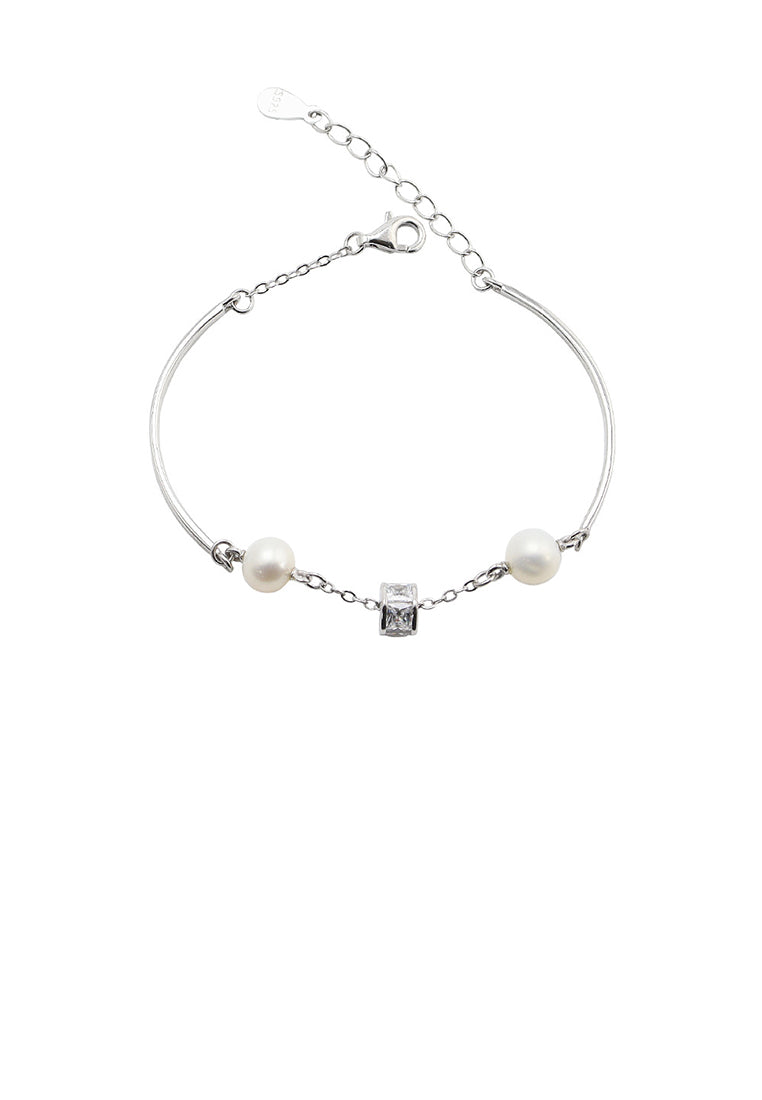 925 Sterling Silver Fashion Simple Geometric Square White Freshwater Pearl Bracelet - Luxurious Look