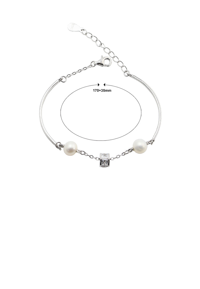 925 Sterling Silver Fashion Simple Geometric Square White Freshwater Pearl Bracelet - Luxurious Look