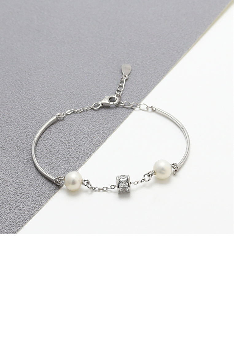 925 Sterling Silver Fashion Simple Geometric Square White Freshwater Pearl Bracelet - Luxurious Look