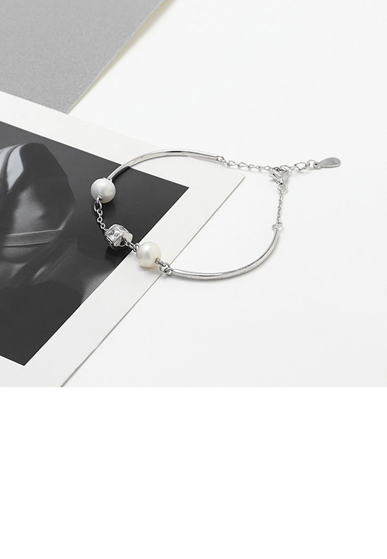 925 Sterling Silver Fashion Simple Geometric Square White Freshwater Pearl Bracelet - Luxurious Look