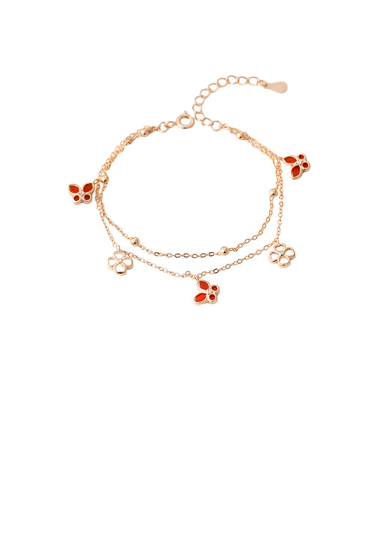 925 Sterling Silver Plated Rose Gold Simple and Elegant Butterfly Four-leafed Clover Double Layer Bracelet with Cubic Zirconia - Luxurious Look