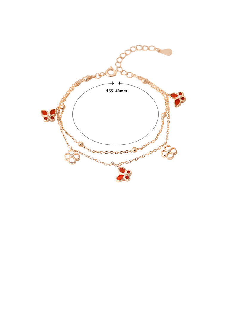 925 Sterling Silver Plated Rose Gold Simple and Elegant Butterfly Four-leafed Clover Double Layer Bracelet with Cubic Zirconia - Luxurious Look