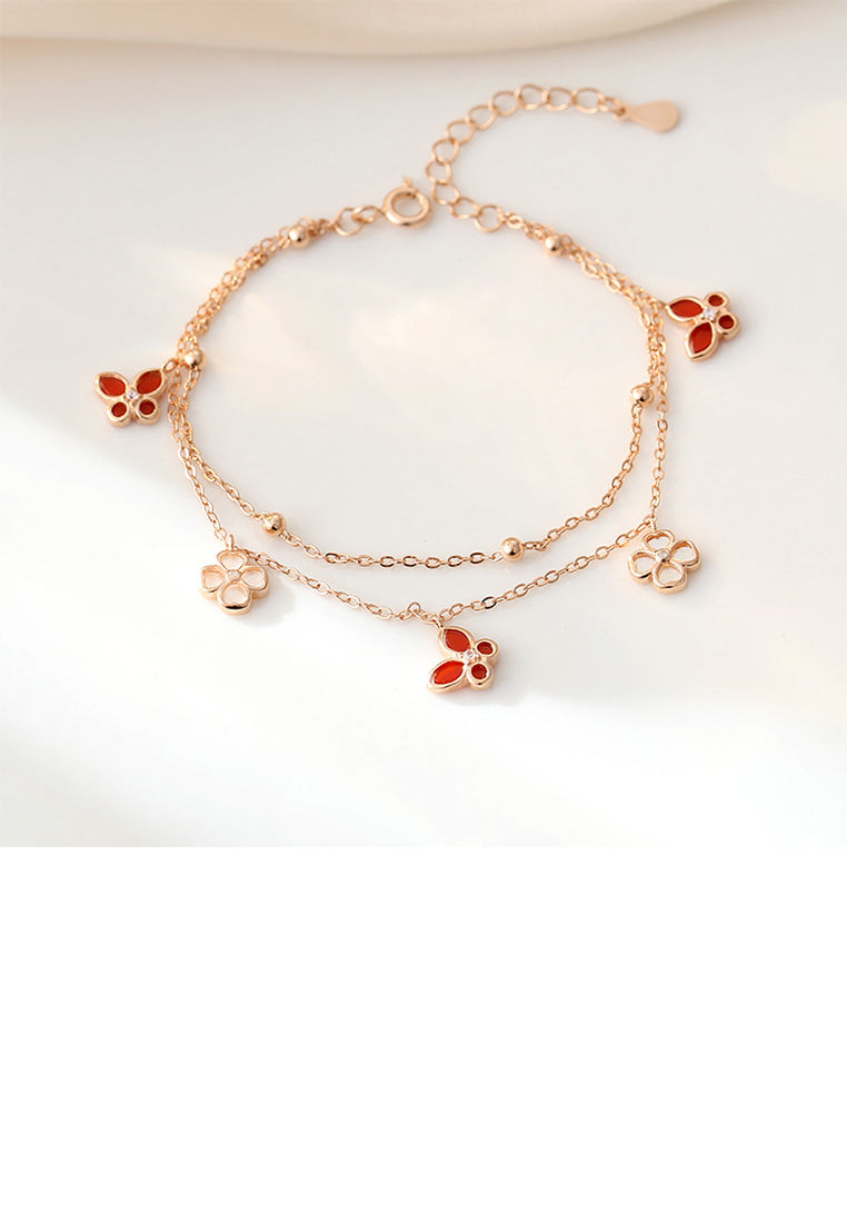 925 Sterling Silver Plated Rose Gold Simple and Elegant Butterfly Four-leafed Clover Double Layer Bracelet with Cubic Zirconia - Luxurious Look
