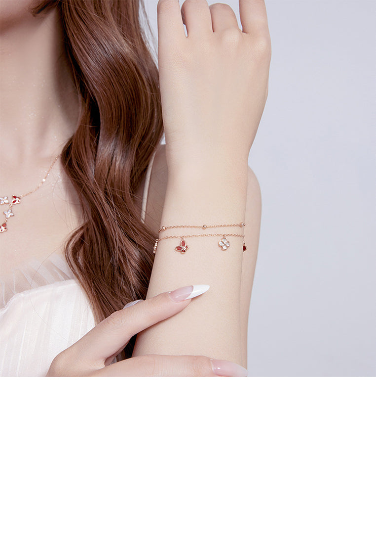 925 Sterling Silver Plated Rose Gold Simple and Elegant Butterfly Four-leafed Clover Double Layer Bracelet with Cubic Zirconia - Luxurious Look
