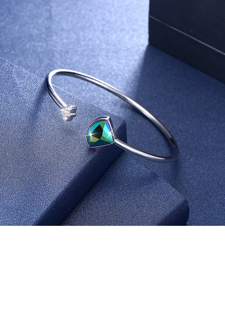 925 Sterling Silver Scalloped Bangle with Blue Austrian Element Crystal
