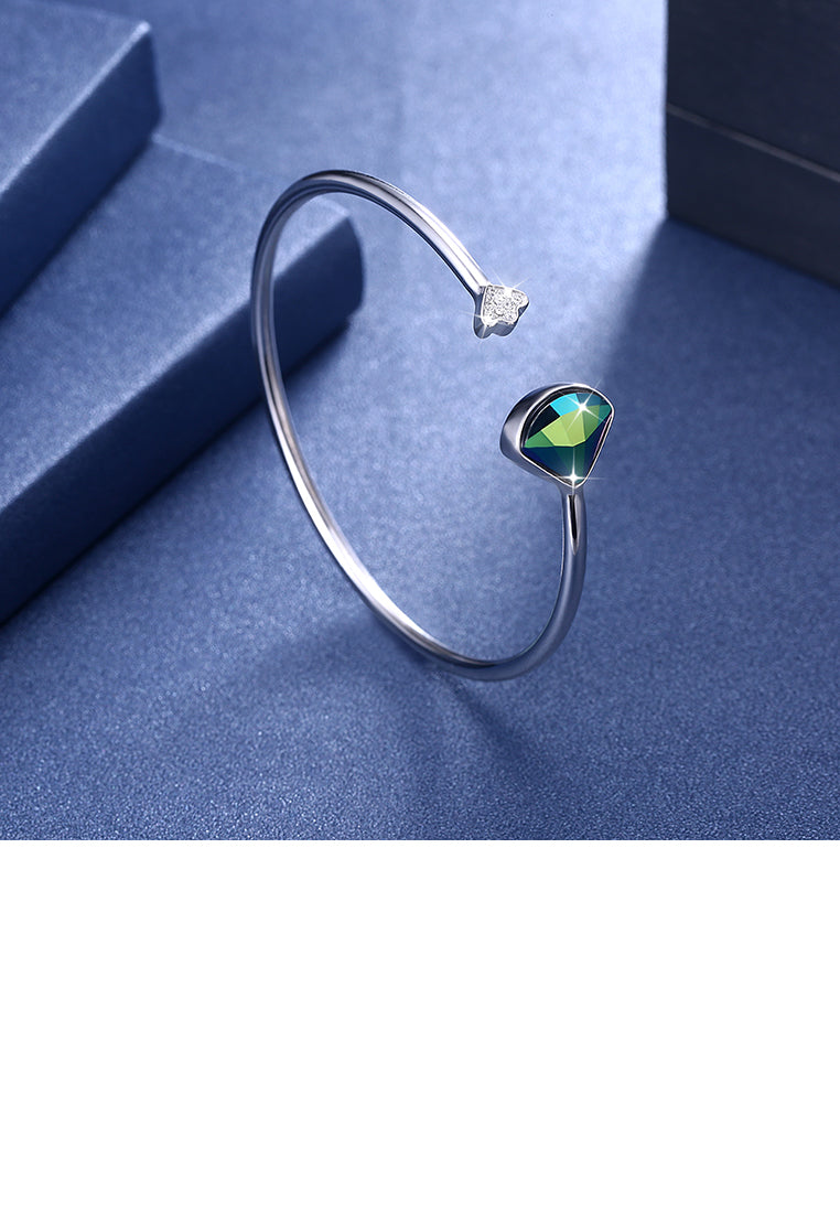 925 Sterling Silver Scalloped Bangle with Blue Austrian Element Crystal