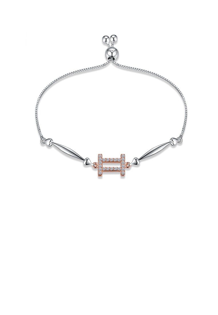 925 Sterling Silver Simple Elegant Fashion Constellation Zodiac -Gemini and Heart Shape Bracelet with Cubic Zircon