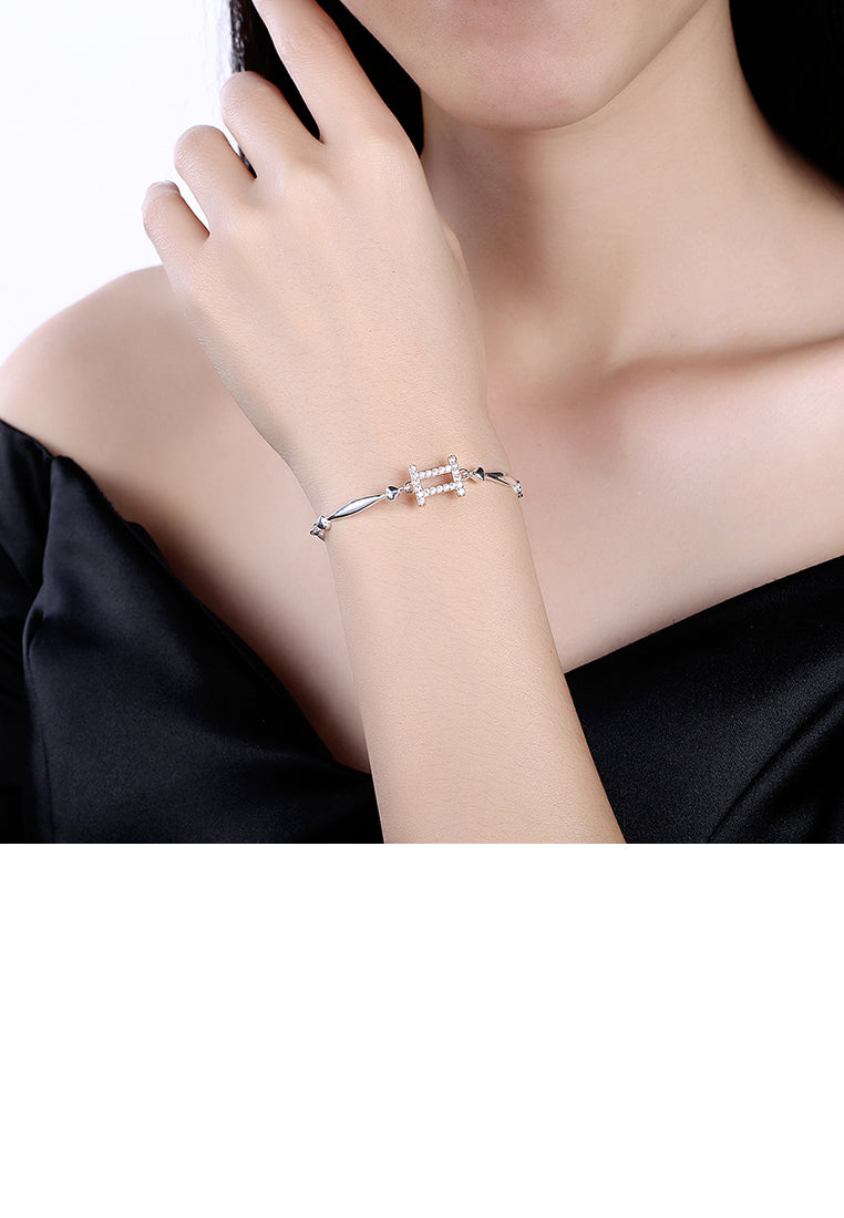 925 Sterling Silver Simple Elegant Fashion Constellation Zodiac -Gemini and Heart Shape Bracelet with Cubic Zircon