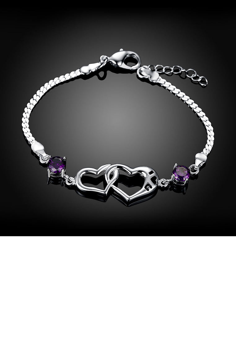 Simple and Romantic Double Heart-shaped Purple Cubic Zircon Bracelet