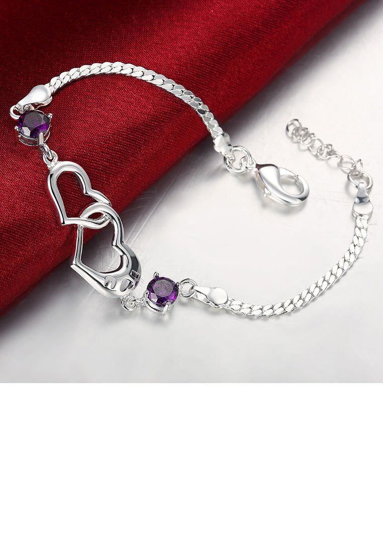 Simple and Romantic Double Heart-shaped Purple Cubic Zircon Bracelet