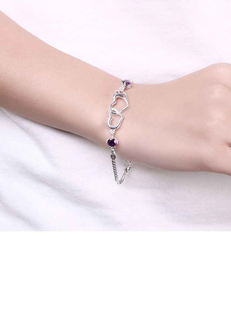 Simple and Romantic Double Heart-shaped Purple Cubic Zircon Bracelet