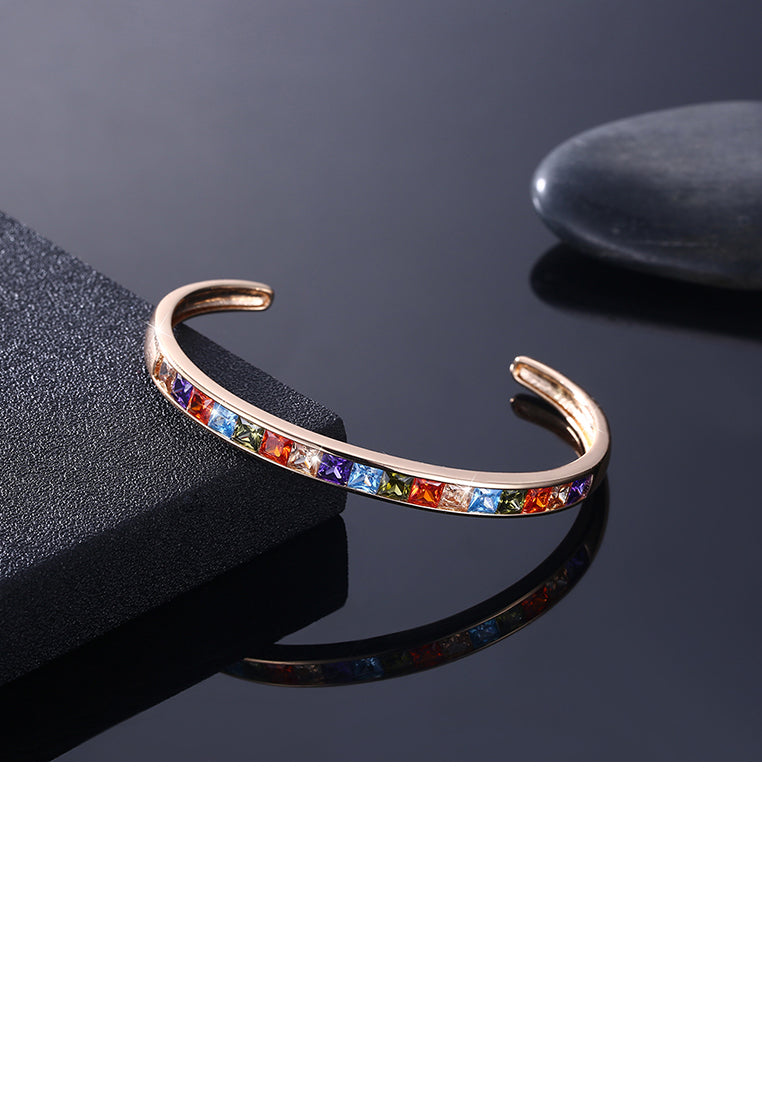 Fashion Plated Champagne Gold Open Bangle with Colorful Cubic Zircon