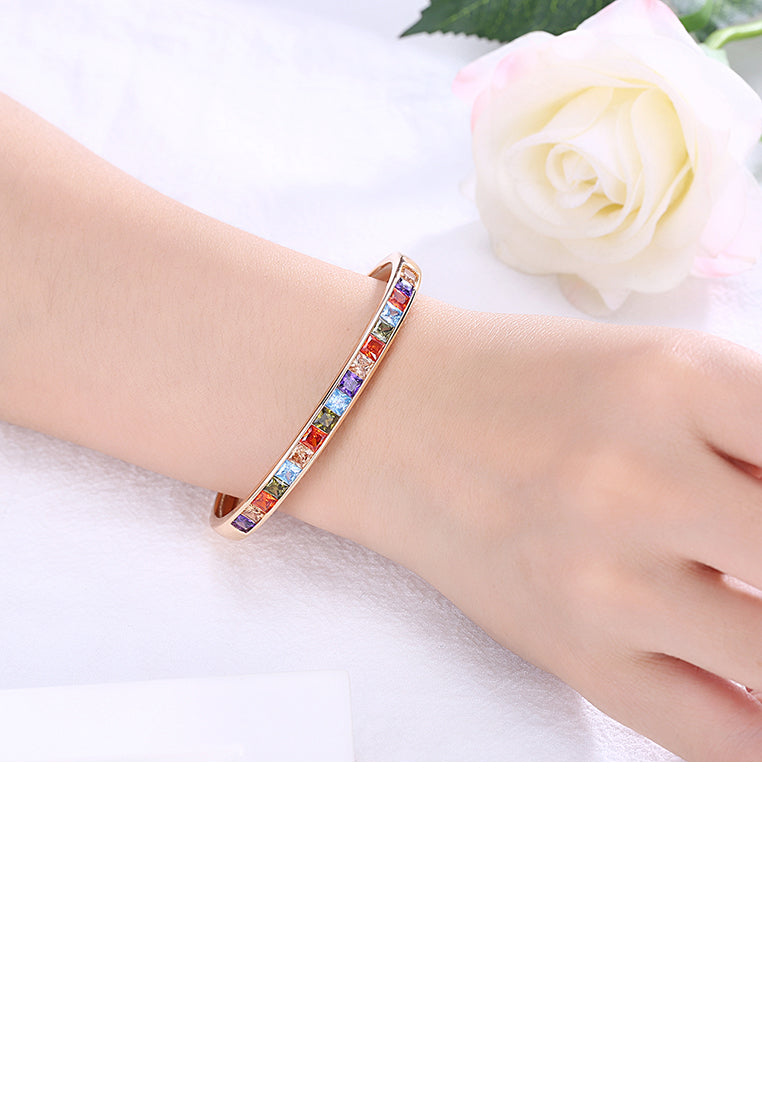 Fashion Plated Champagne Gold Open Bangle with Colorful Cubic Zircon