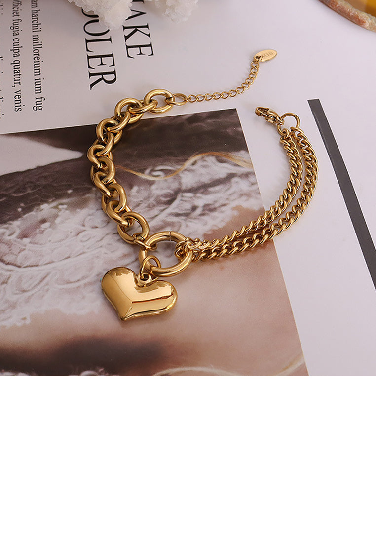 Fashion Simple Plated Gold 316L Stainless Steel Heart Double Layer Bracelet