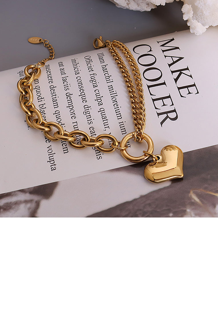 Fashion Simple Plated Gold 316L Stainless Steel Heart Double Layer Bracelet