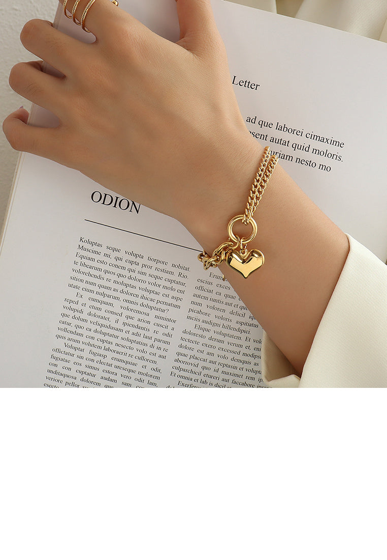 Fashion Simple Plated Gold 316L Stainless Steel Heart Double Layer Bracelet