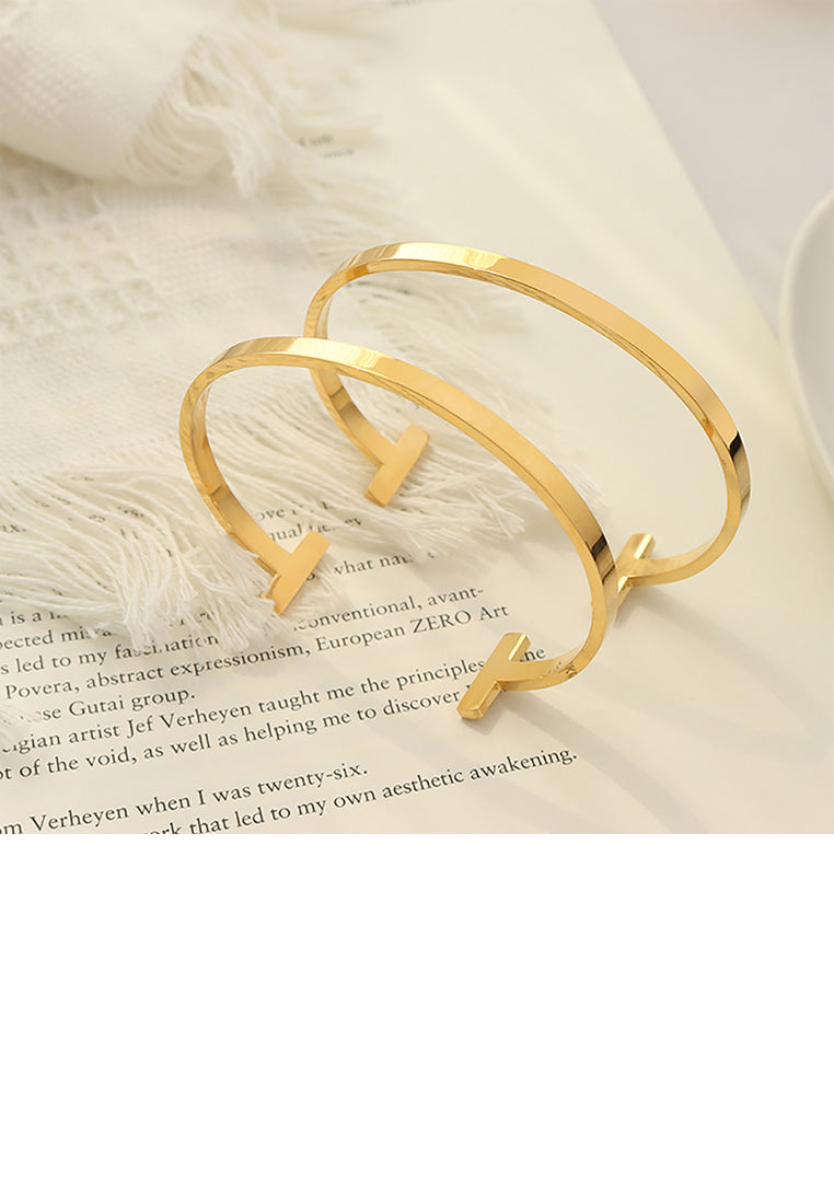 Fashion Simple Plated Gold 316L Stainless Steel T Shape Geometric Open Bangle