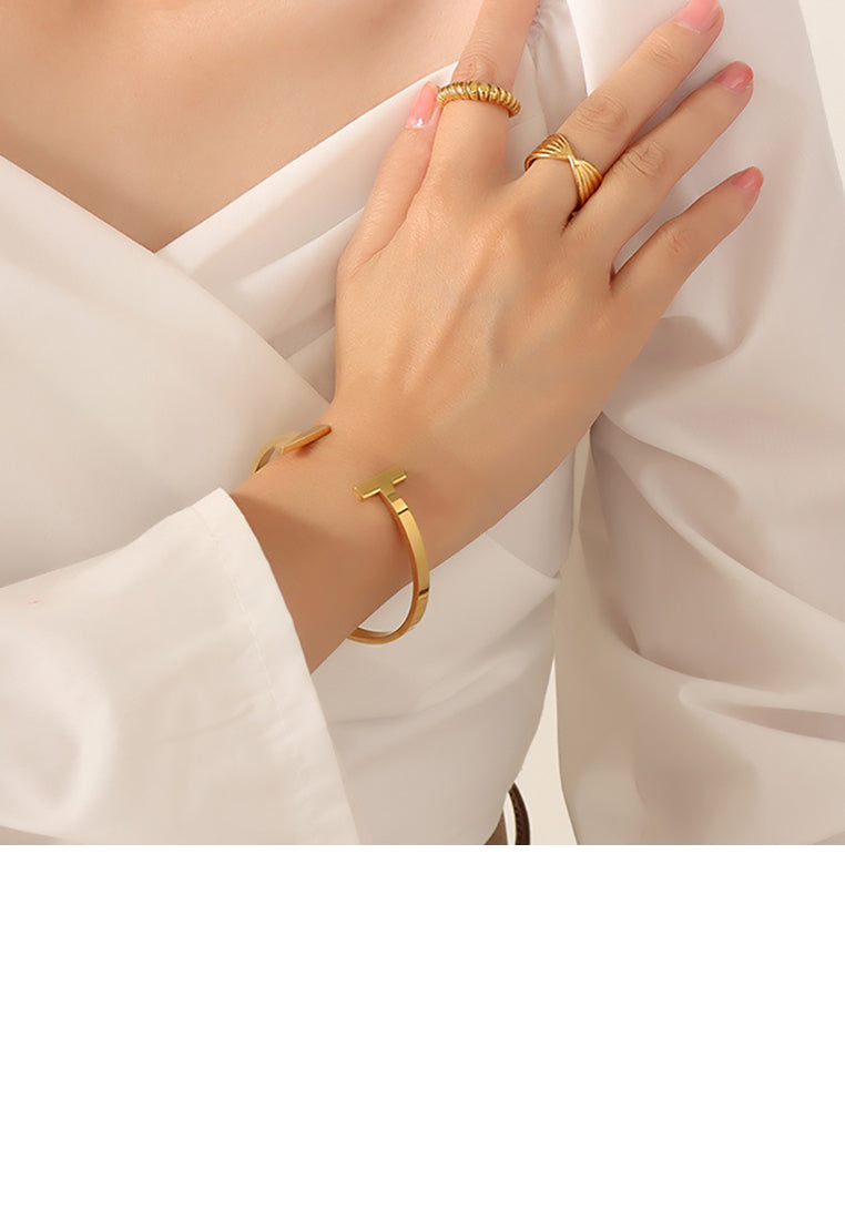Fashion Simple Plated Gold 316L Stainless Steel T Shape Geometric Open Bangle
