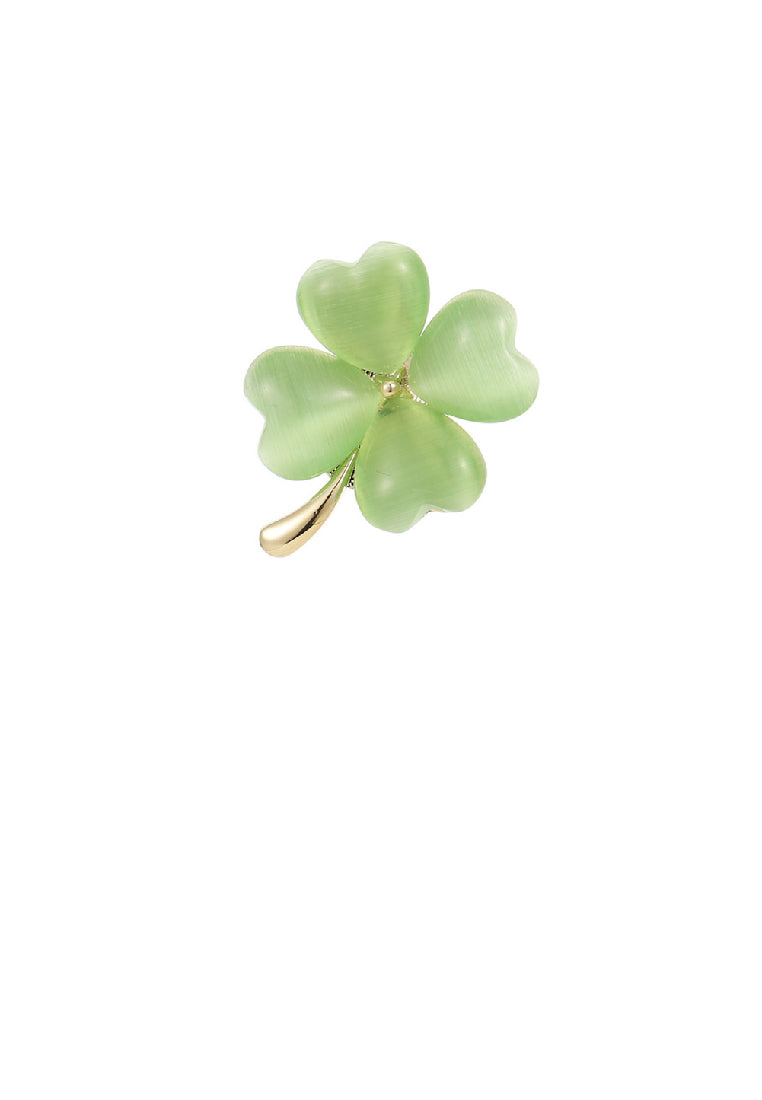 Fashion Simple Plated Gold Four-Leafed Clover Green Imitation Opal Brooch