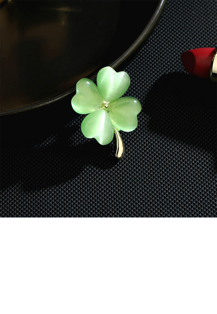 Fashion Simple Plated Gold Four-Leafed Clover Green Imitation Opal Brooch