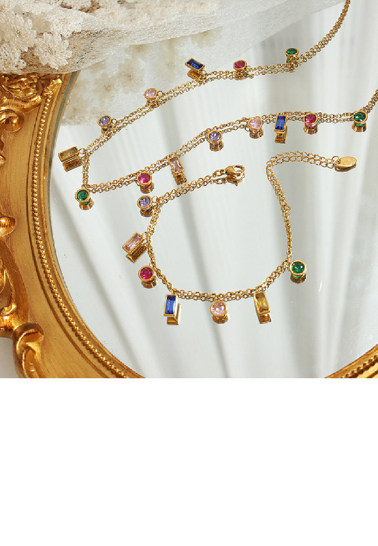 Fashion Simple Plated Gold 316L Stainless Steel Geometric Colorful Cubic Zirconia Chain Bracelet - Luxurious Look