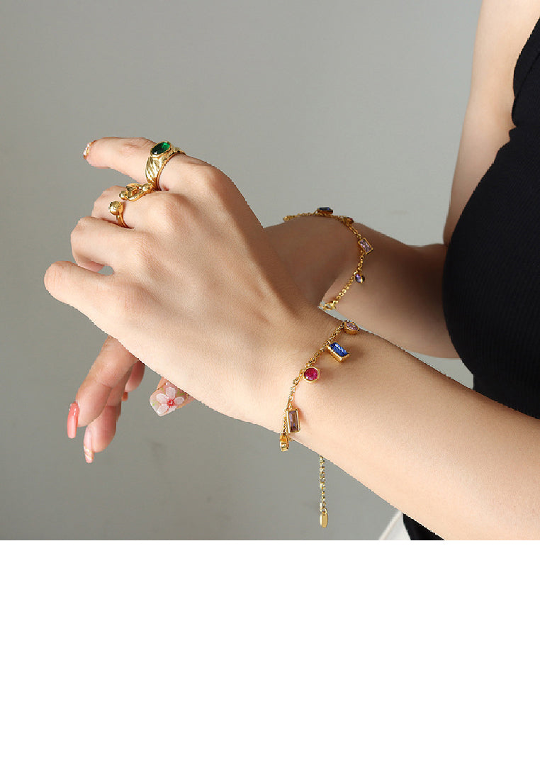 Fashion Simple Plated Gold 316L Stainless Steel Geometric Colorful Cubic Zirconia Chain Bracelet - Luxurious Look