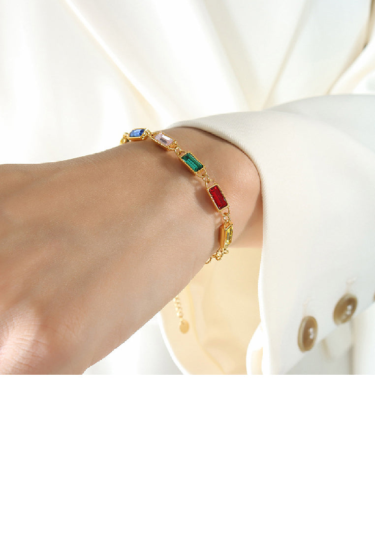 Fashion Simple Plated Gold 316L Stainless Steel Geometric Square Colorful Cubic Zirconia Bracelet - Luxurious Look
