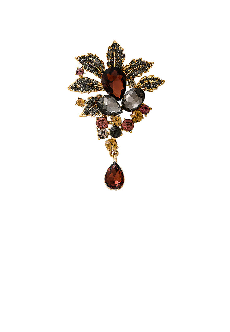 Elegant Vintage Plated Gold Floral Tassel Brooch with Cubic Zirconia - Luxurious Look