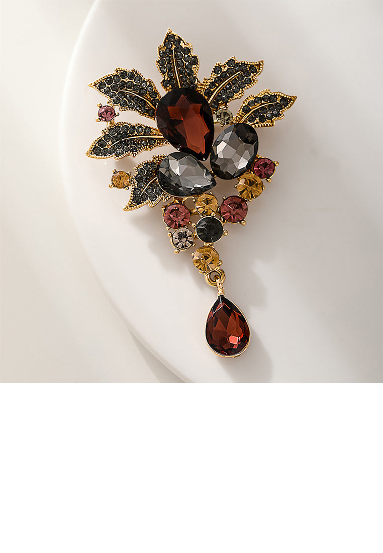 Elegant Vintage Plated Gold Floral Tassel Brooch with Cubic Zirconia - Luxurious Look