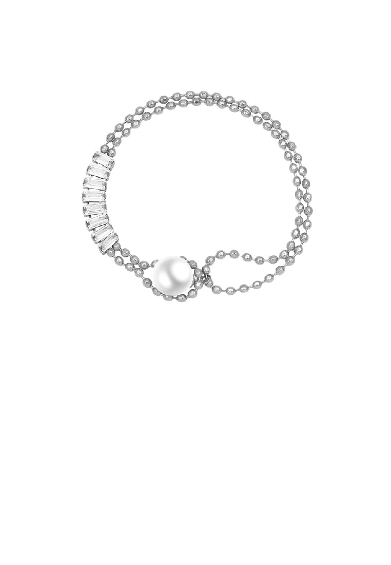Fashion Temperament 316L Stainless Steel Geometric Cubic Zirconia Double Layer Bracelet with Imitation Pearls - Luxurious Look