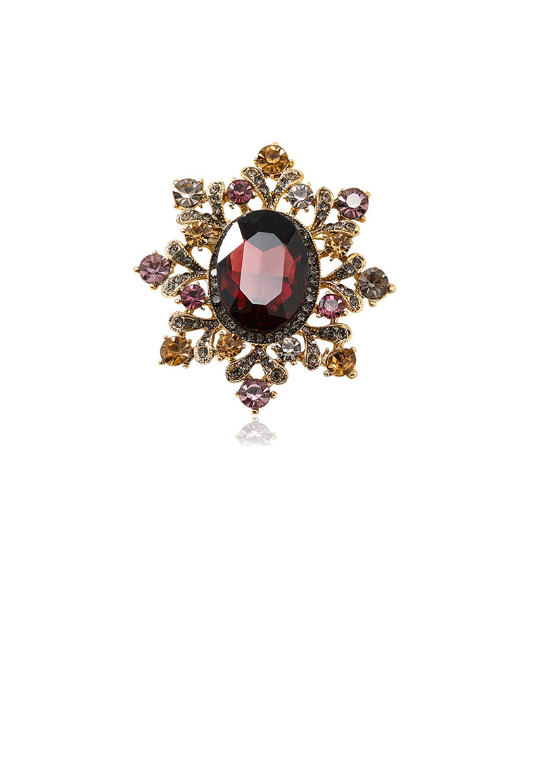 Fashion Vintage Plated Gold Palace Style Flower Brooch with Red Cubic Zirconia - Luxurious Look - Vibrant Color
