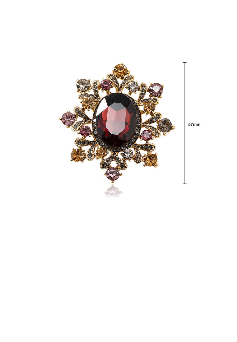 Fashion Vintage Plated Gold Palace Style Flower Brooch with Red Cubic Zirconia - Luxurious Look - Vibrant Color