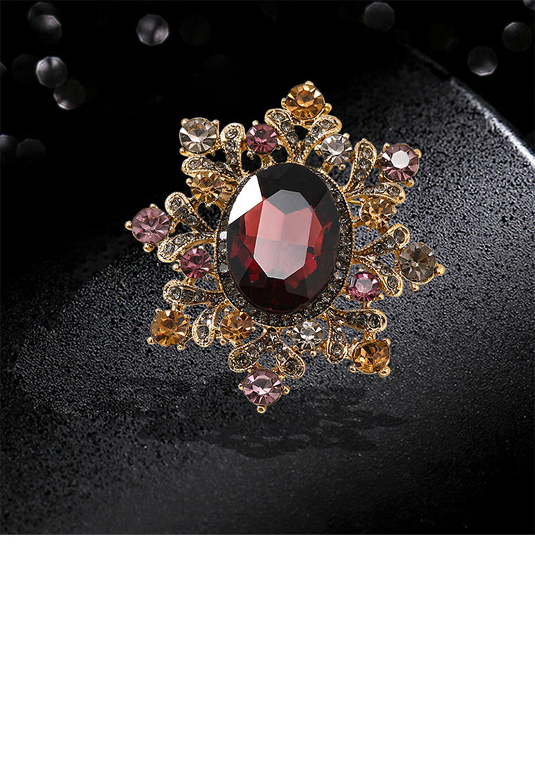 Fashion Vintage Plated Gold Palace Style Flower Brooch with Red Cubic Zirconia - Luxurious Look - Vibrant Color