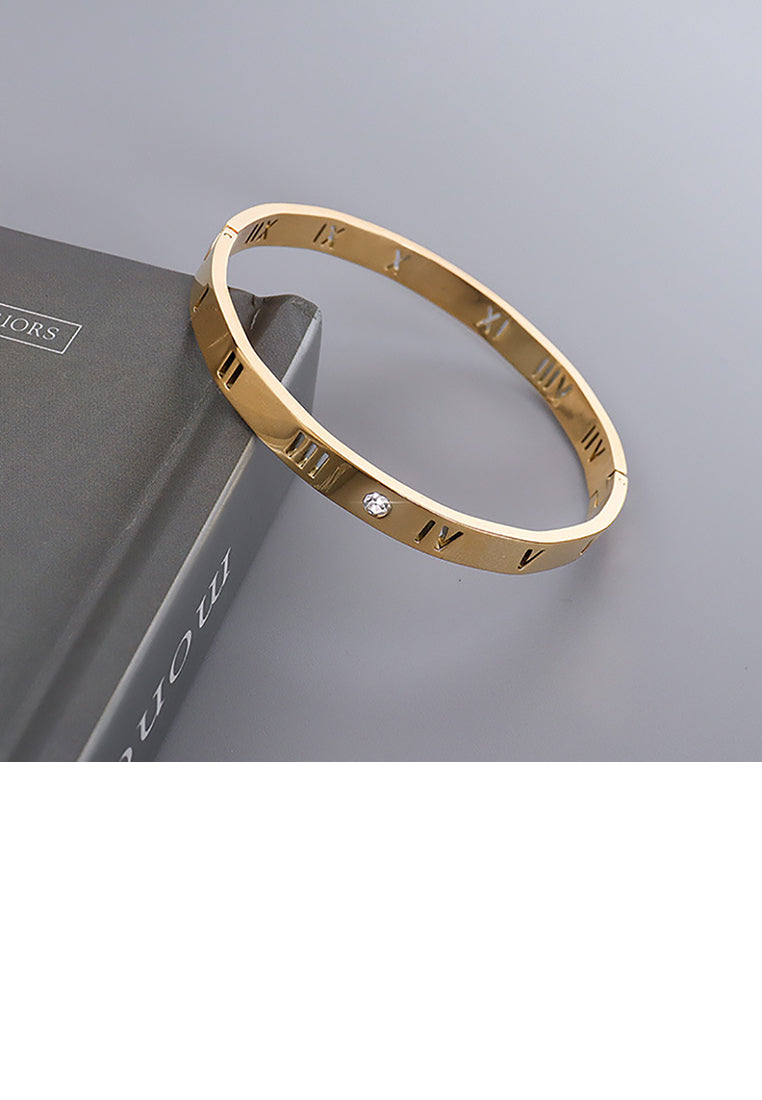 Simple Temperament Plated Gold 316L Stainless Steel Roman Numeral Bangle with Cubic Zirconia - Luxurious Look