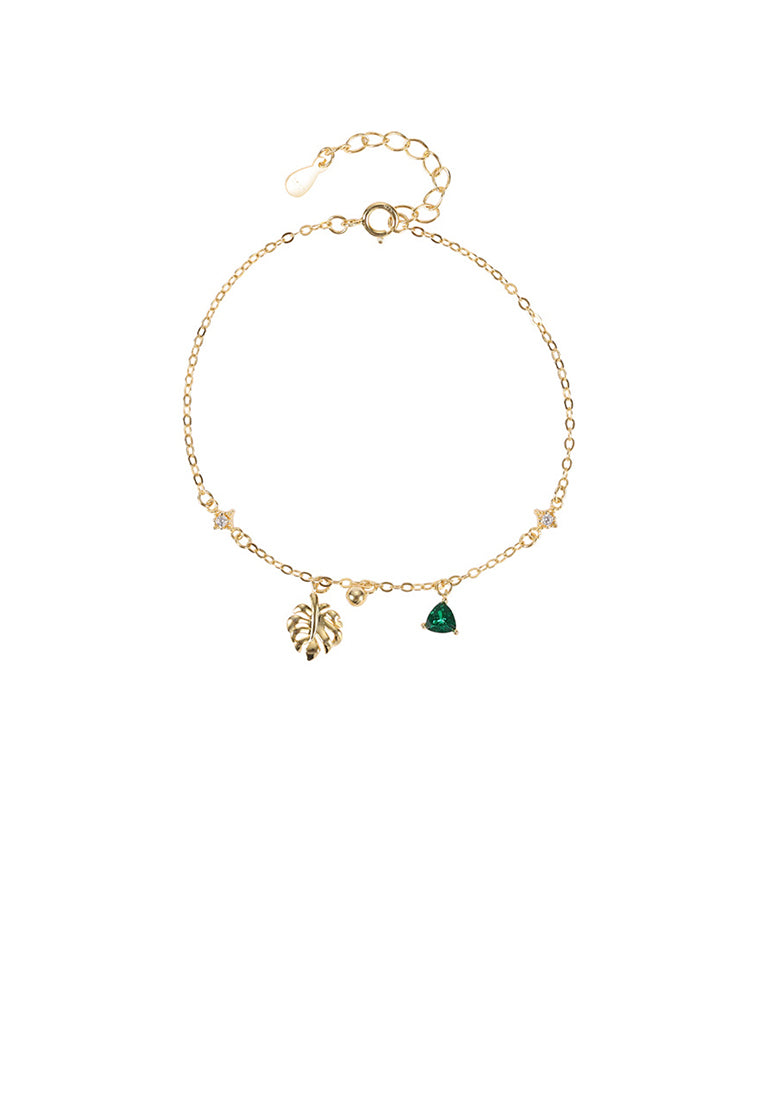 925 Sterling Silver Plated Gold Fashion Simple Leaf Bracelet with Green Cubic Zirconia - Luxurious Look