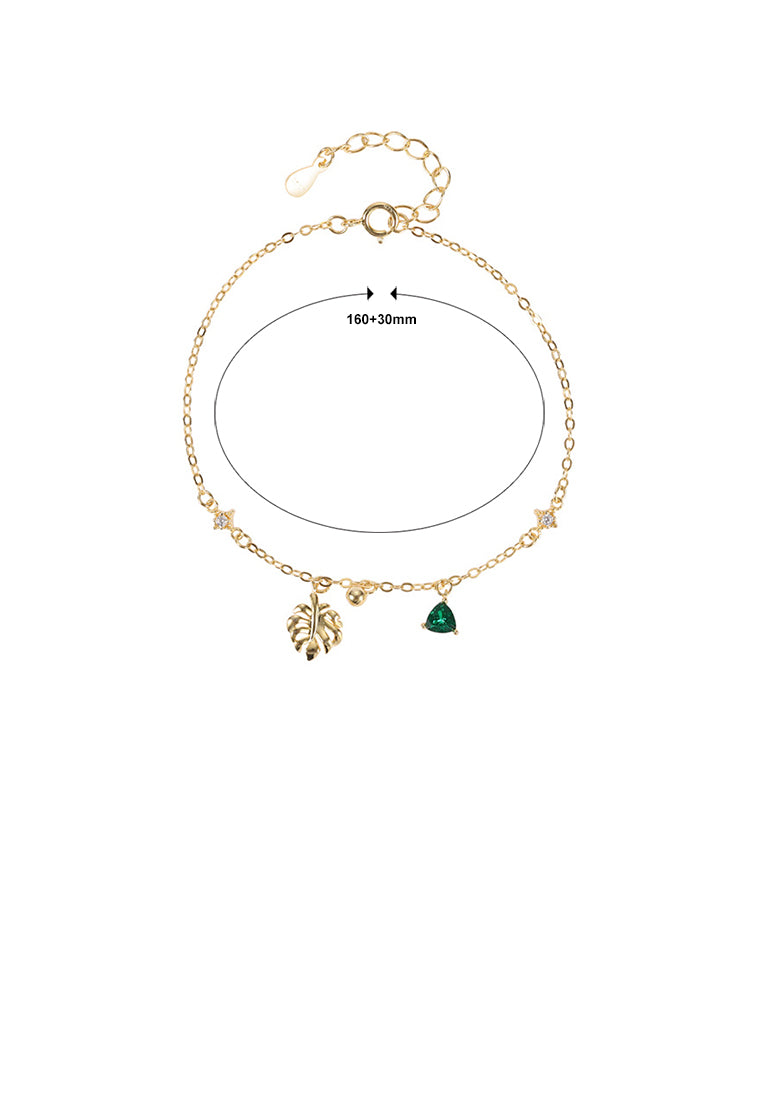 925 Sterling Silver Plated Gold Fashion Simple Leaf Bracelet with Green Cubic Zirconia - Luxurious Look