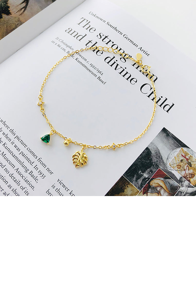 925 Sterling Silver Plated Gold Fashion Simple Leaf Bracelet with Green Cubic Zirconia - Luxurious Look