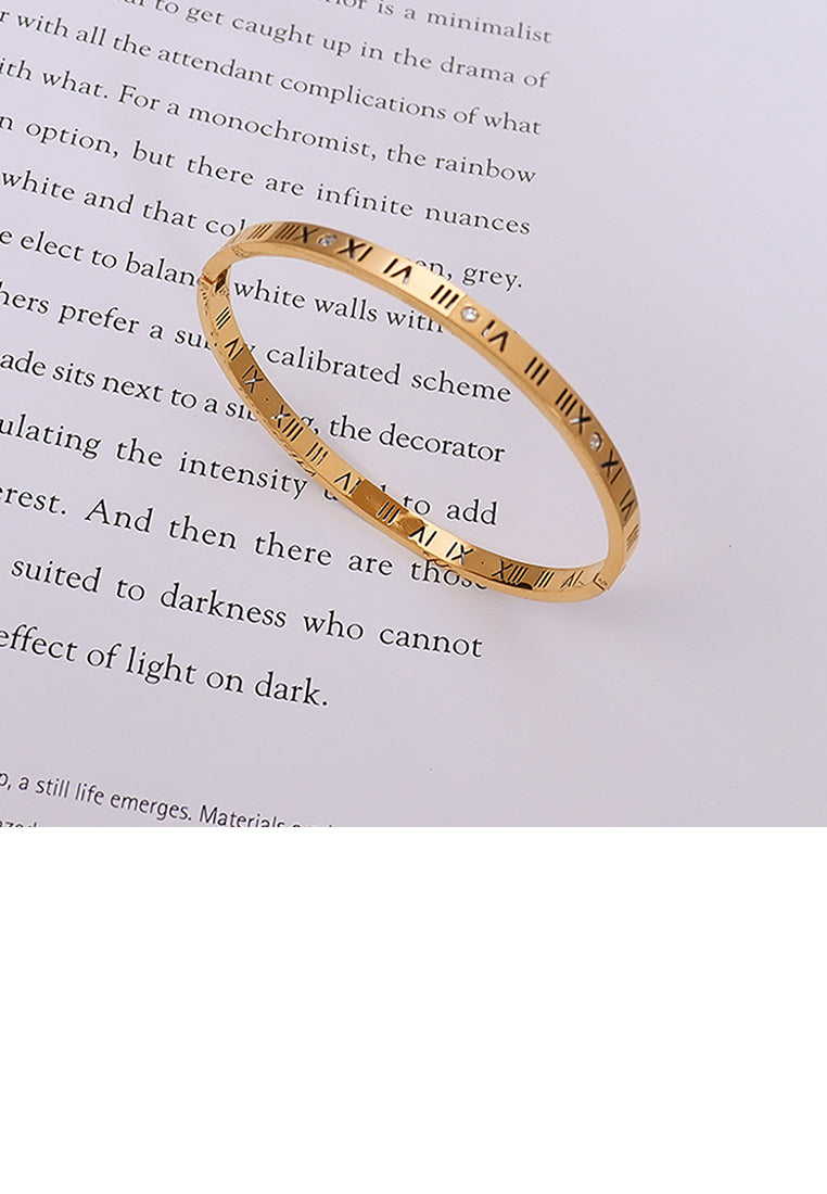 Fashion Temperament Plated Gold 316L Stainless Steel Hollow Roman Numeral Geometric Bracelet with Cubic Zirconia - Luxurious Look